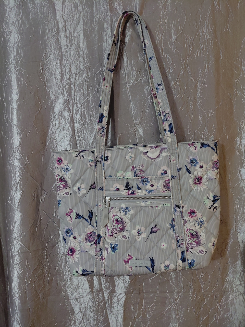 Vera Bradley Light Gray Quilted Floral Tote with Purple & Pink Accents